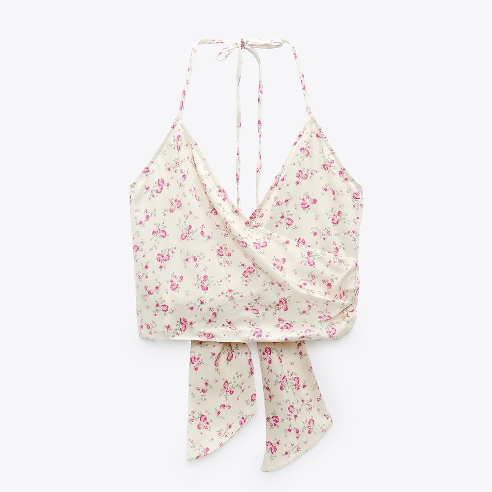 Zara floral draped crisscross cropped halter top